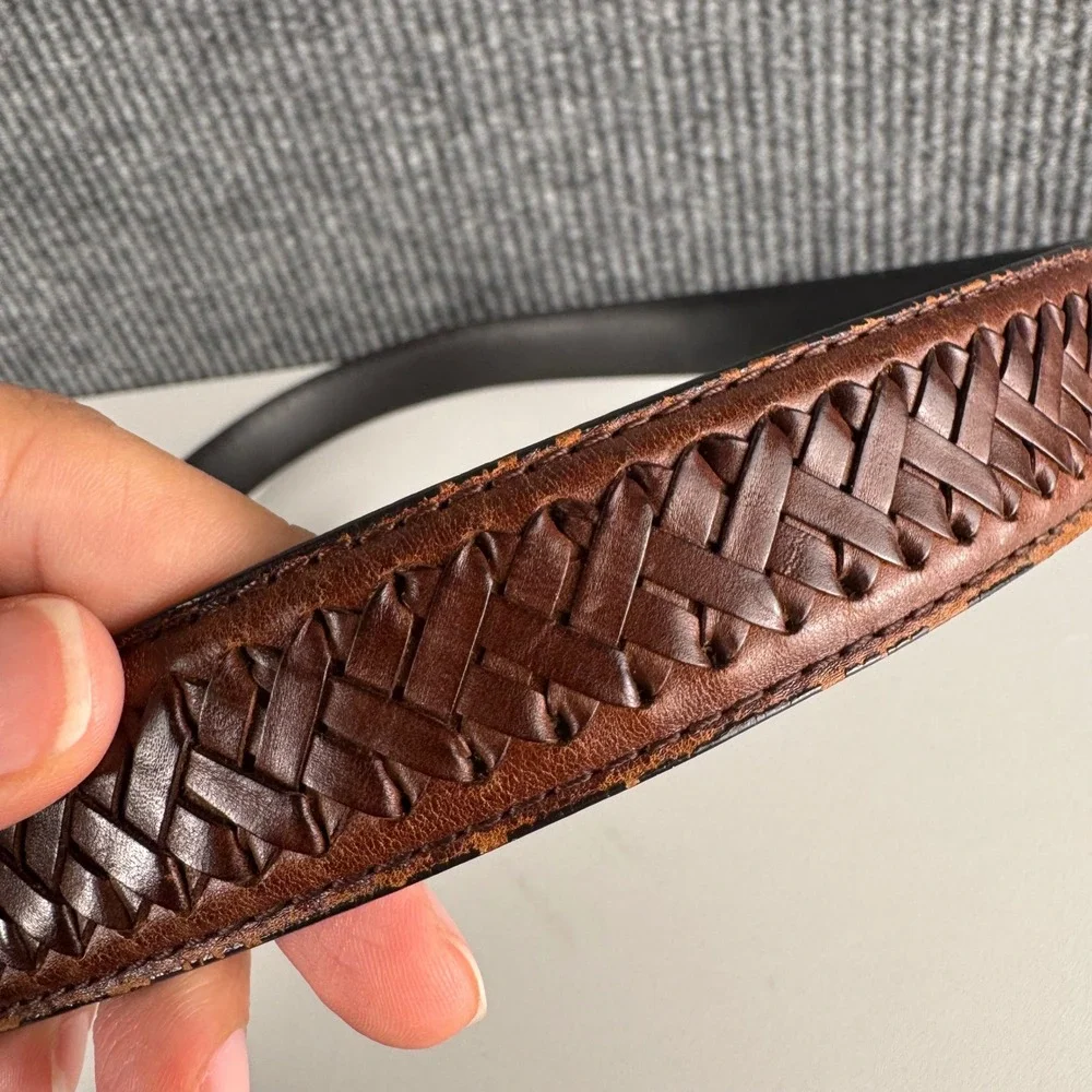 Brown Genuine Leather Woven Lattice Belt‎ Gold Buckle Size 40 8000T Mens Brown